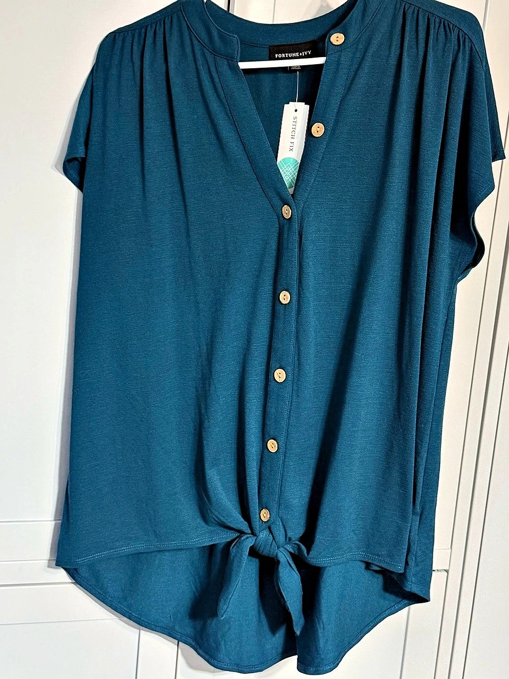 Fortune + Ivy Short Sleeve Button-Up Knit Top Teal Button-Up Top XL NWT